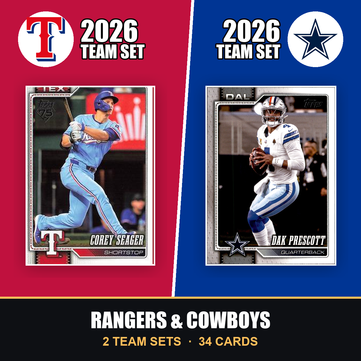 2026 Topps Texas Rangers & Dallas Cowboys Team Set Combo - Baseball + Football 2-Sport Bundle - Corey Seager & Dak Prescott