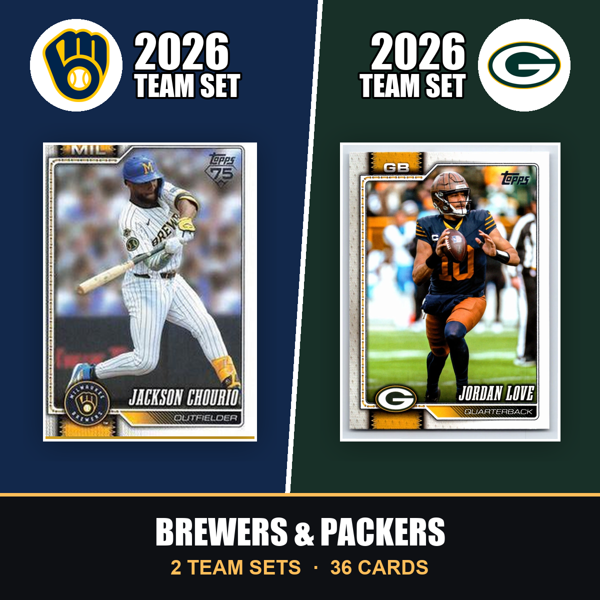 2026 Topps Milwaukee Brewers & Green Bay Packers Team Set Combo - Baseball + Football 2-Sport Bundle - Jackson Chourio & Jordan Love