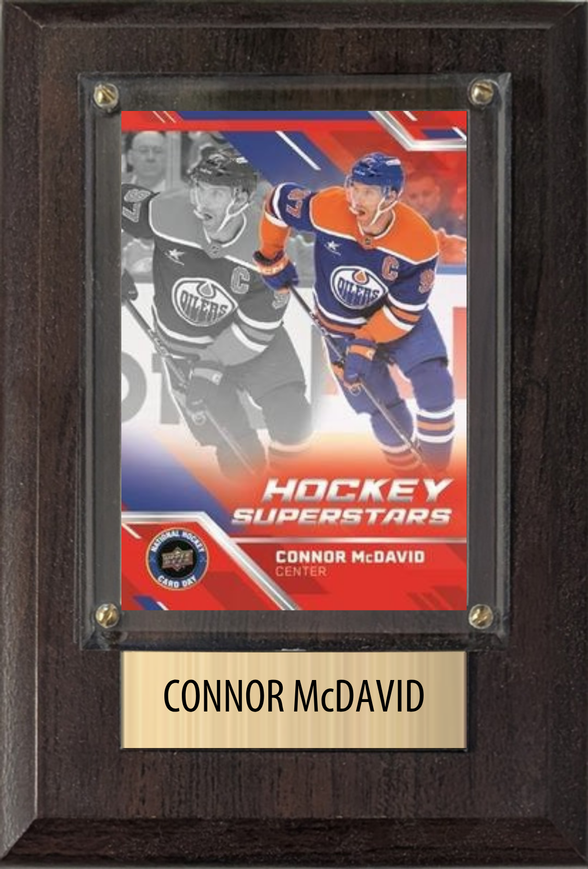 Connor McDavid Edmonton Oilers hockey plaque with 1 trading card and engraved nameplate, 4x6 fan cave display