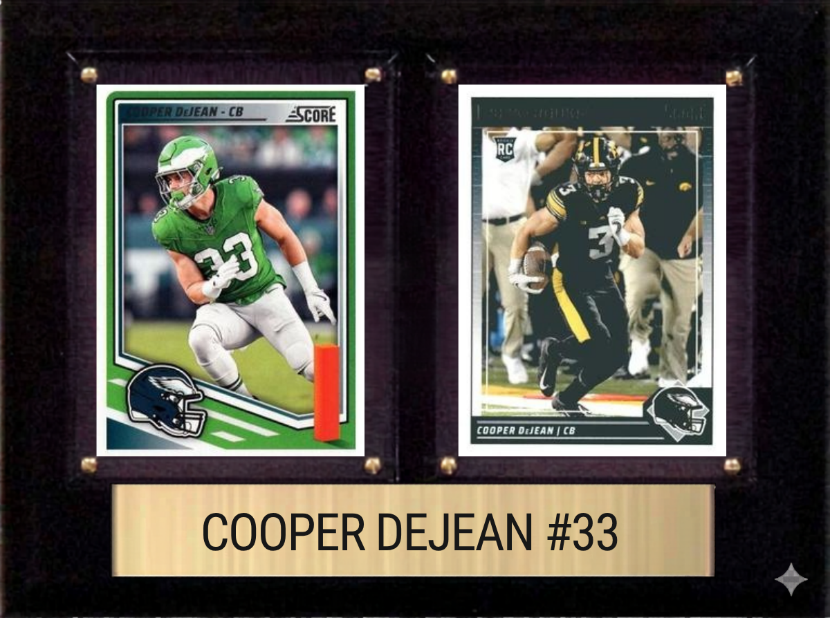Cooper DeJean Philadelphia Eagles football plaque with 2 trading cards and engraved nameplate, 6x8 fan cave display