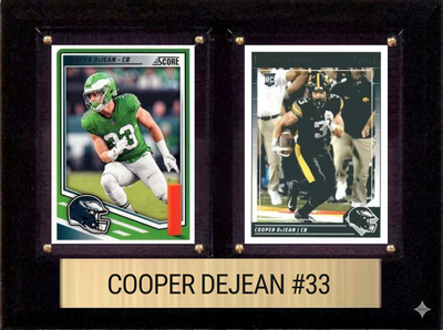 Cooper DeJean Philadelphia Eagles football plaque with 2 trading cards and engraved nameplate, 6x8 fan cave display
