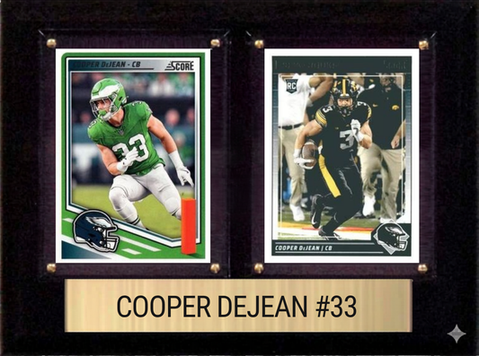 Cooper DeJean Philadelphia Eagles football plaque with 2 trading cards and engraved nameplate, 6x8 fan cave display