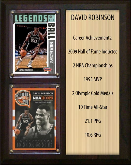 David Robinson San Antonio Spurs HOF basketball stats plaque with 2 trading cards and engraved nameplate, 8x10 fan cave display