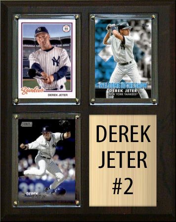 Derek Jeter #2 3 Card baseball plaque with 3 trading cards and engraved nameplate, 8x10 fan cave display