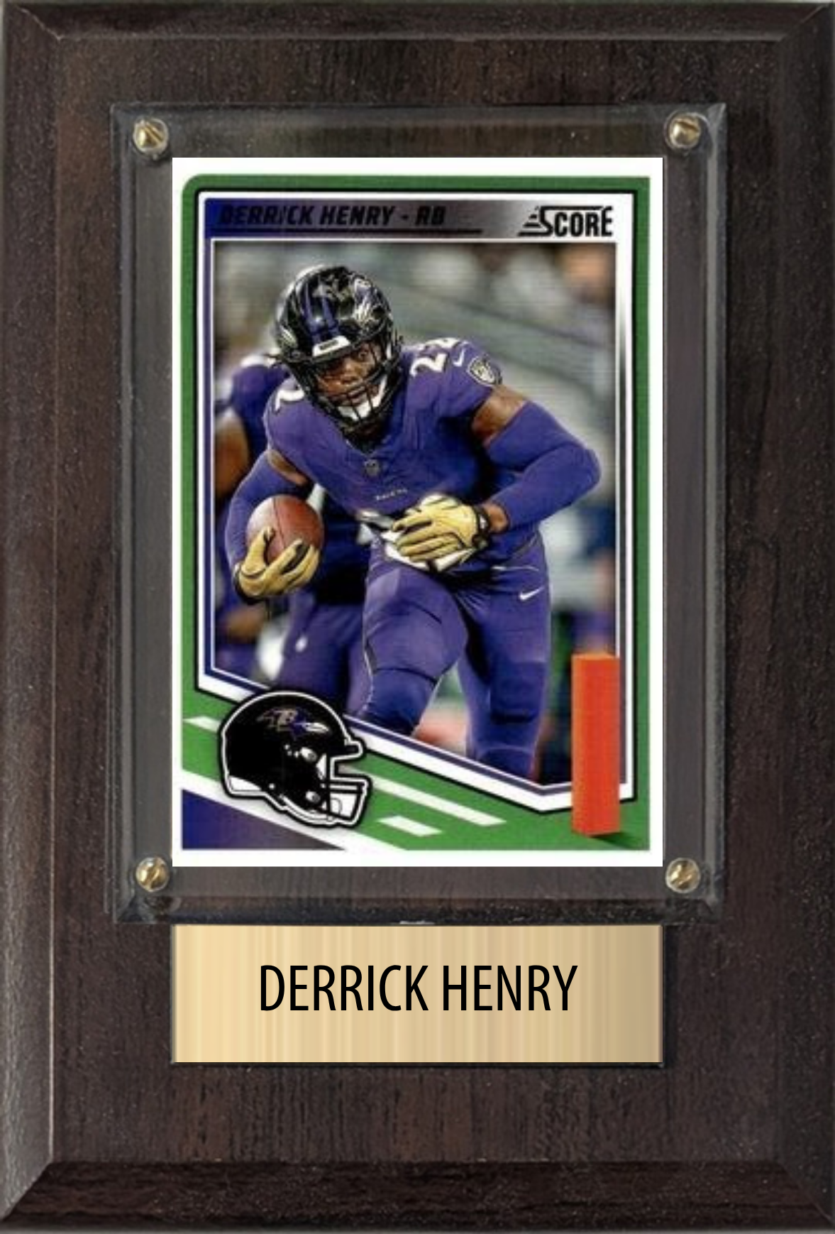 Derrick Henry Baltimore Ravens football plaque with 1 trading card and engraved nameplate, 4x6 fan cave display