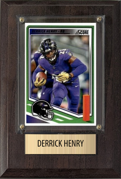 Derrick Henry Baltimore Ravens football plaque with 1 trading card and engraved nameplate, 4x6 fan cave display
