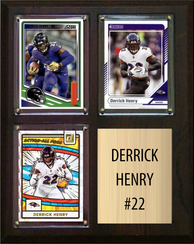 Derrick Henry Baltimore Ravens football plaque with 3 trading cards and engraved nameplate, 8x10 fan cave display