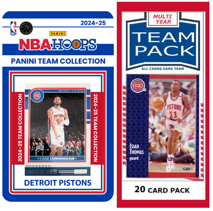 Detroit Pistons Multiyear Pack 20 Cards Isiah Thomas + 2024-25 HOOPS Team Set Cunningham plaque