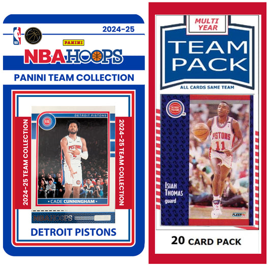 Detroit Pistons Multiyear Pack 20 Cards Isiah Thomas + 2024-25 HOOPS Team Set Cunningham plaque