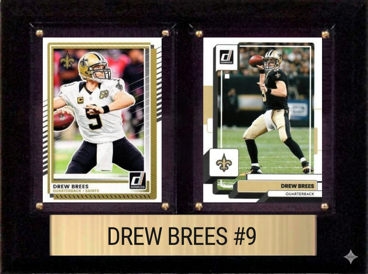 Drew Brees New Orleans Saints 2026 football plaque with 2 trading cards and engraved nameplate, 6x8 fan cave display