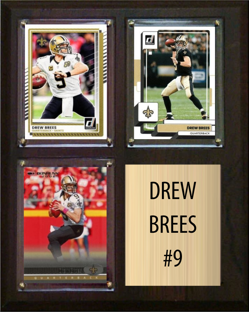 Drew Brees New Orleans Saints 2026 football plaque with 3 trading cards and engraved nameplate, 8x10 fan cave display