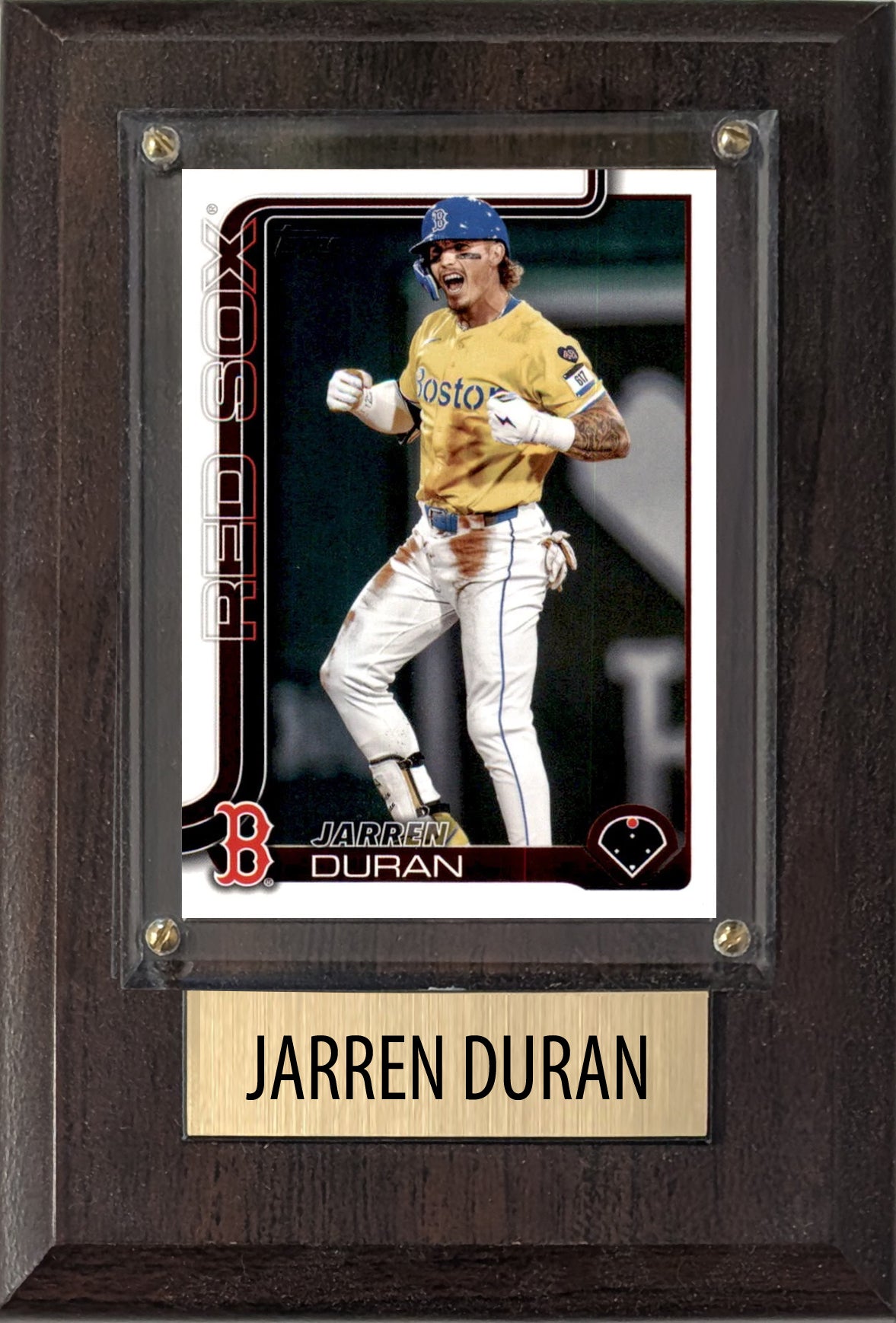 Jarren Duran Boston Red Sox 2025 2024 Topps Bowman 4x6 Gift baseball plaque with 1 trading card and engraved nameplate, 4x6 fan cave display