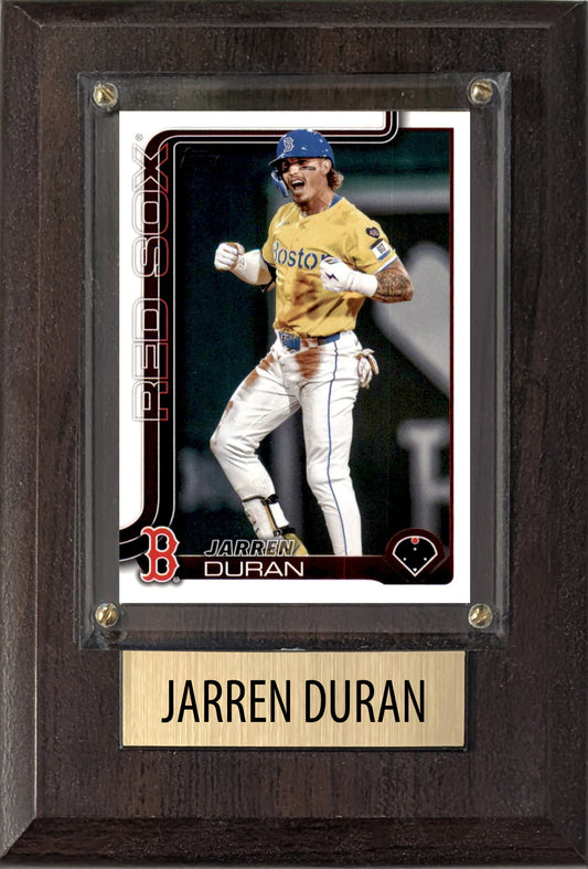 Jarren Duran Boston Red Sox 2025 2024 Topps Bowman 4x6 Gift baseball plaque with 1 trading card and engraved nameplate, 4x6 fan cave display