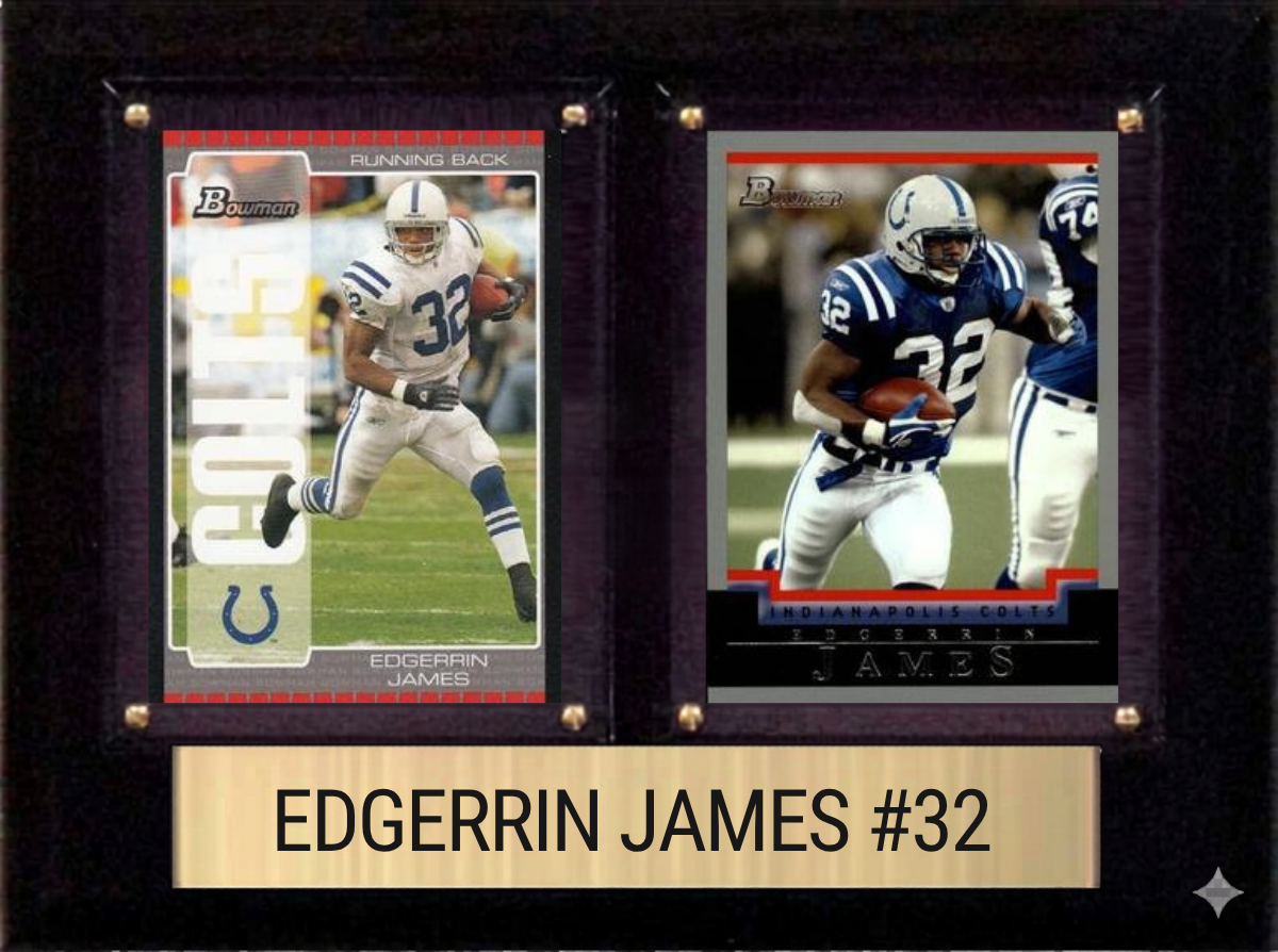 Edgerrin James Indianapolis Colts football plaque with 2 trading cards and engraved nameplate, 6x8 fan cave display