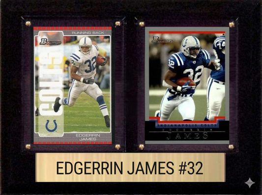 Edgerrin James Indianapolis Colts football plaque with 2 trading cards and engraved nameplate, 6x8 fan cave display