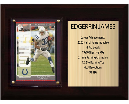 Edgerrin James Indianapolis Colts football stats plaque with 1 trading card and engraved nameplate, 6x8 fan cave display