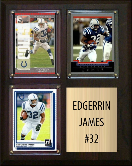 Edgerrin James Indianapolis Colts football plaque with 3 trading cards and engraved nameplate, 8x10 fan cave display