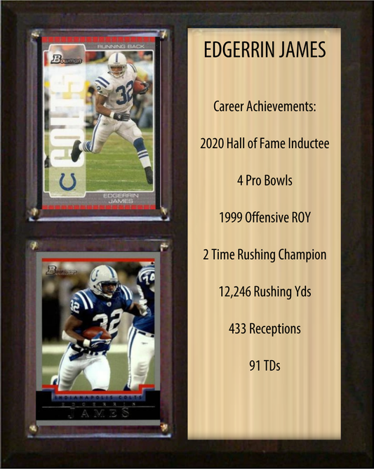 Edgerrin James Indianapolis Colts football stats plaque with 2 trading cards and engraved nameplate, 8x10 fan cave display