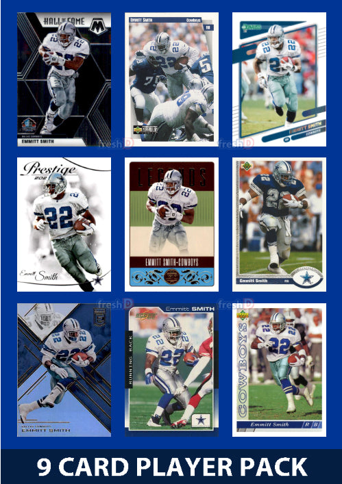 Emmitt Smith 9 Card Player Pack 2024 2025 NFL Topps Donruss Panini Score Cowboys plaque