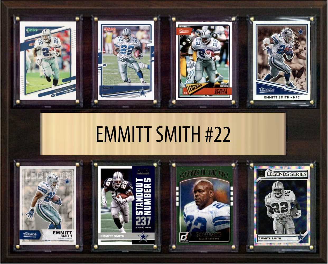 Emmitt Smith Dallas Cowboys football plaque with 8 trading cards and engraved nameplate, 12x15 fan cave display