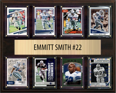 Emmitt Smith Dallas Cowboys football plaque with 8 trading cards and engraved nameplate, 12x15 fan cave display