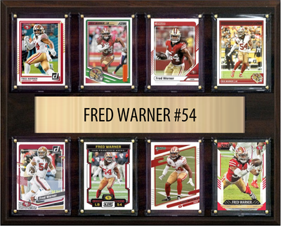 Fred Warner San Francisco 49ers football plaque with 8 trading cards and engraved nameplate, 12x15 fan cave display