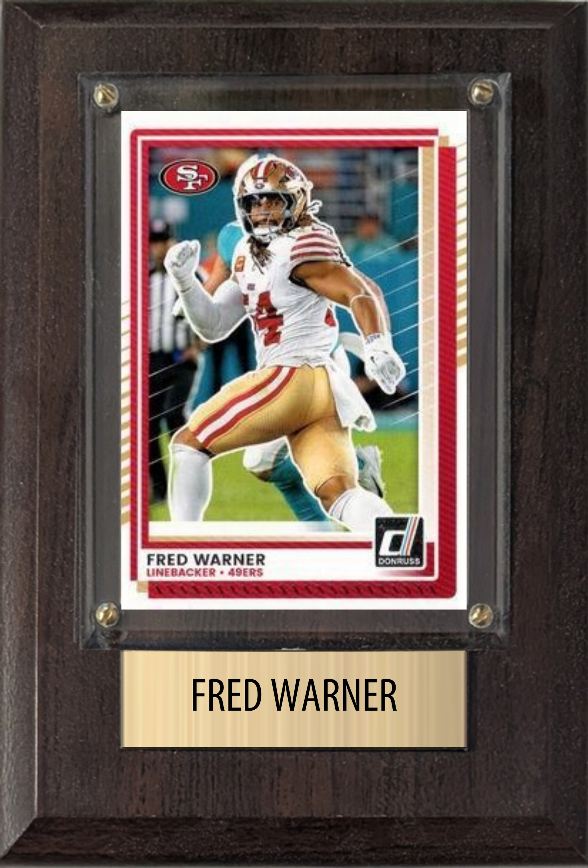 Fred Warner San Francisco 49ers football plaque with 1 trading card and engraved nameplate, 4x6 fan cave display