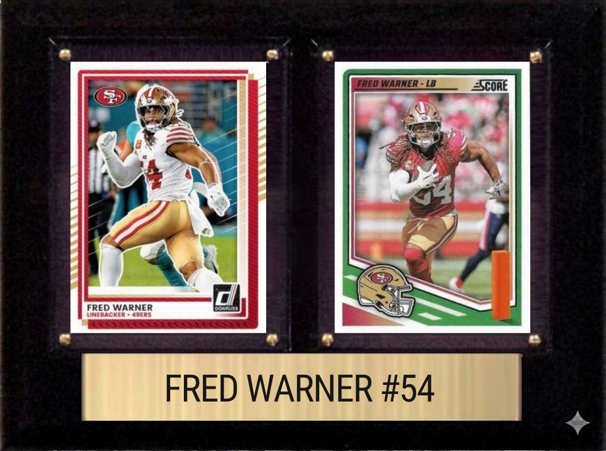 Fred Warner San Francisco 49ers football plaque with 2 trading cards and engraved nameplate, 6x8 fan cave display