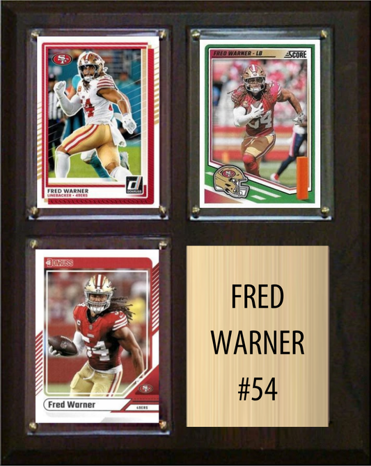 Fred Warner San Francisco 49ers football plaque with 3 trading cards and engraved nameplate, 8x10 fan cave display