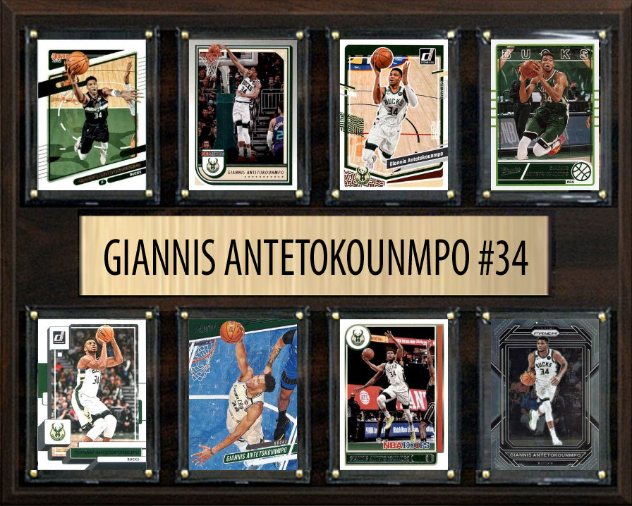 Giannis Antetokounmpo 8 Card basketball plaque with 8 trading cards and engraved nameplate, 12x15 fan cave display