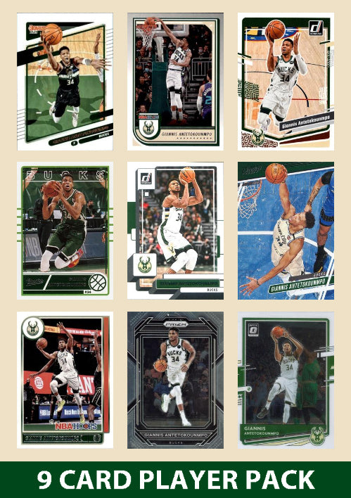 Giannis Antetokounmpo 9 Card Player Pack 2023-24 Hoops Donruss Milwaukee Bucks plaque