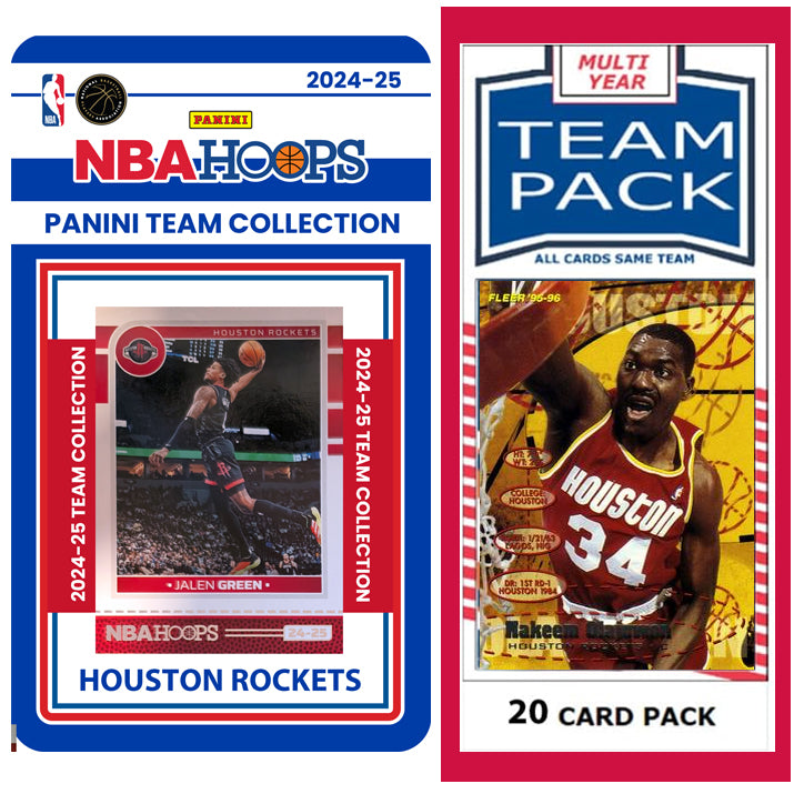 Houston Rockets Multiyear Pack 20 Cards Olajuwon + 2024-25 HOOPS Team Set Jalen Green plaque