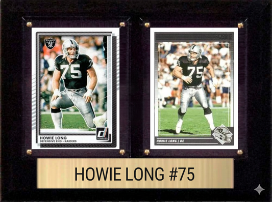 Howie Long Las Vegas Raiders football plaque with 2 trading cards and engraved nameplate, 6x8 fan cave display