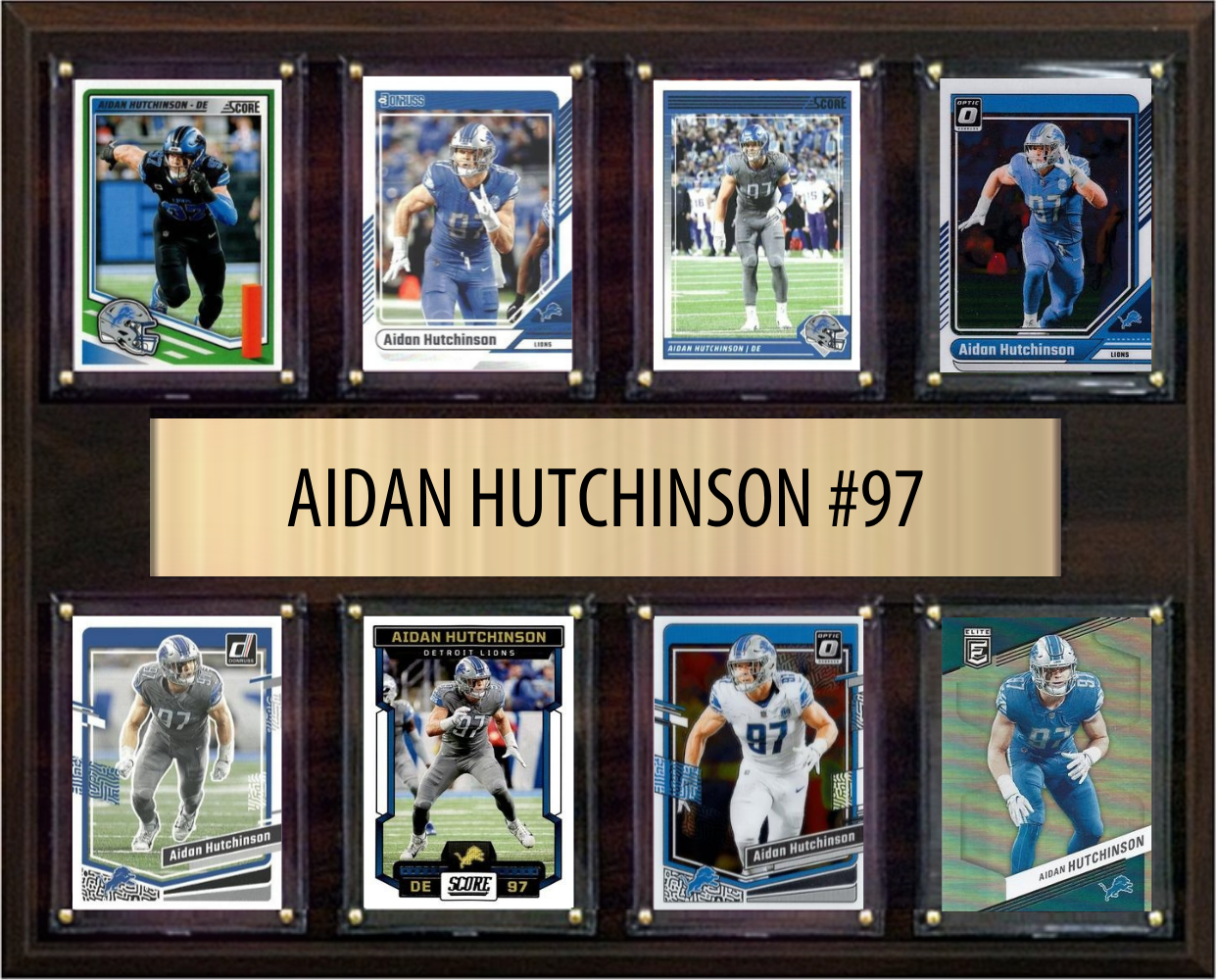 Aidan Hutchinson Detroit Lions football plaque with 8 trading cards and engraved nameplate, 12x15 fan cave display
