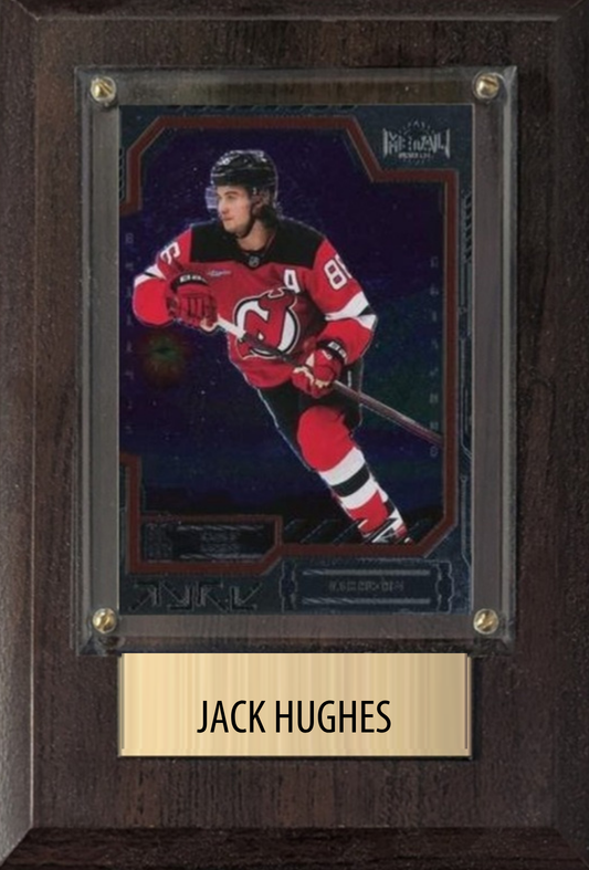 Jack Hughes New Jersey Devils hockey plaque with 1 trading card and engraved nameplate, 4x6 fan cave display