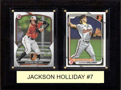 Jackson Holliday #7 Baltimore Orioles 2024 2023 Bowman baseball plaque with 2 trading cards and engraved nameplate, 6x8 fan cave display