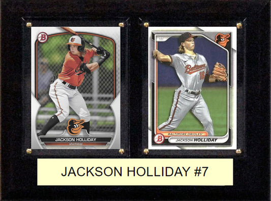 Jackson Holliday #7 Baltimore Orioles 2024 2023 Bowman baseball plaque with 2 trading cards and engraved nameplate, 6x8 fan cave display