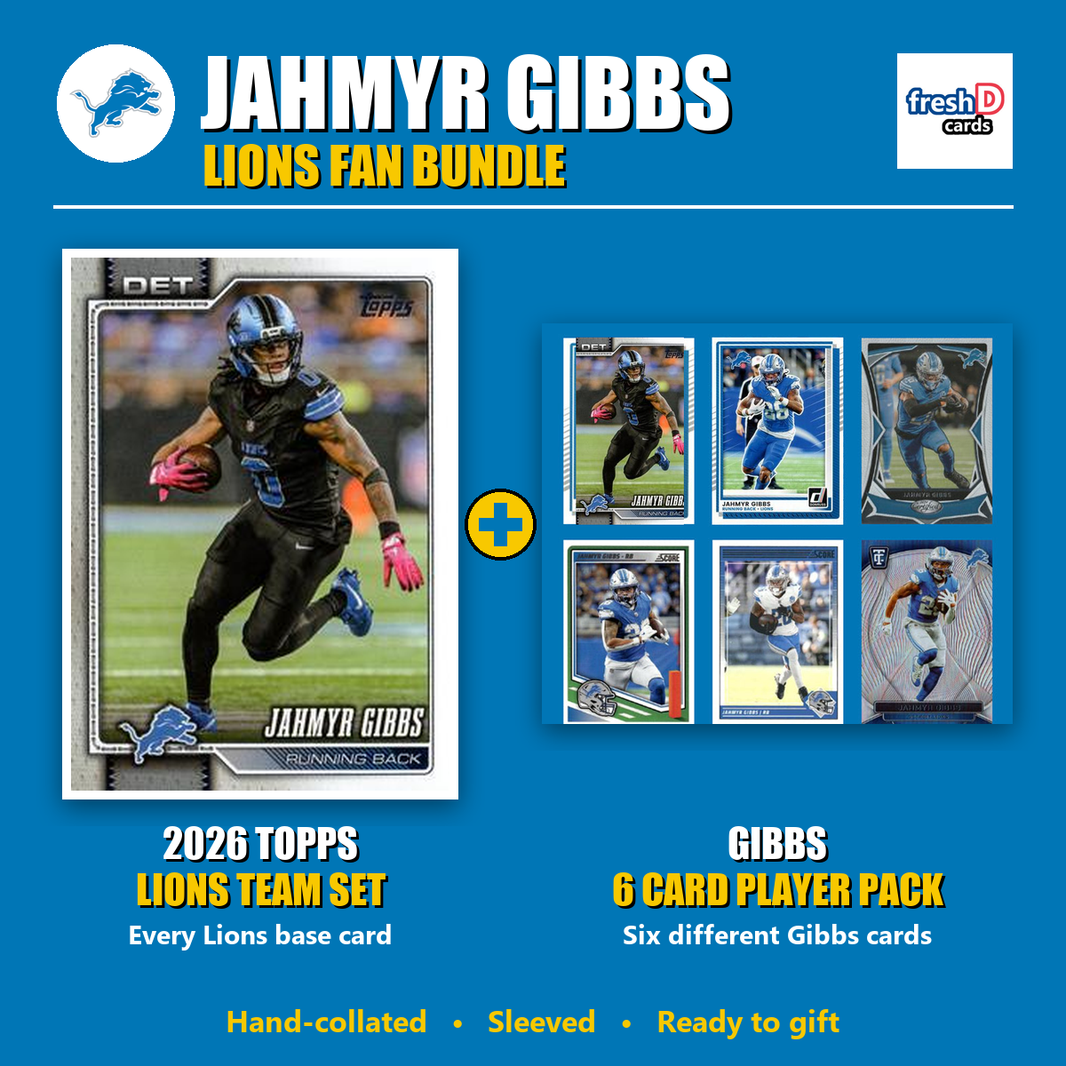 Jahmyr Gibbs Detroit Lions Football Fan Bundle - 2026 Topps Team Set + 6 Card Player Pack