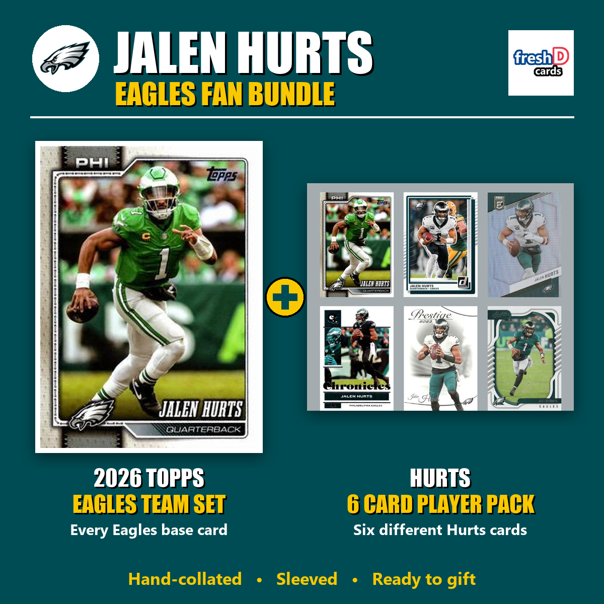 Jalen Hurts Philadelphia Eagles Football Fan Bundle - 2026 Topps Team Set + 6 Card Player Pack