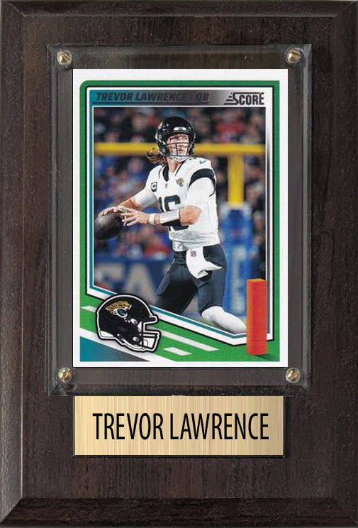 Trevor Lawrence Jacksonville Jaguars 2025 Donruss Score Prizm Topps 4x6 Gift football plaque with 1 trading card and engraved nameplate, 4x6 fan cave displ