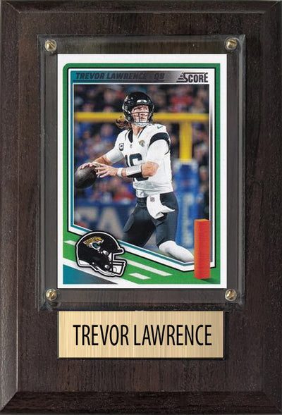 Trevor Lawrence Jacksonville Jaguars 2025 Donruss Score Prizm Topps 4x6 Gift football plaque with 1 trading card and engraved nameplate, 4x6 fan cave displ
