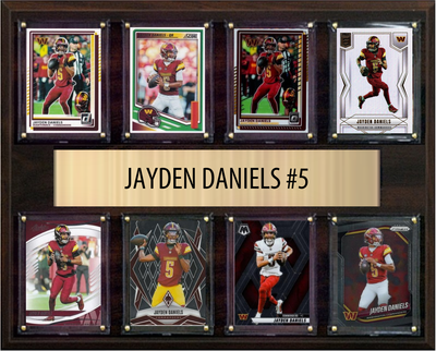 Jayden Daniels Washington Commanders football plaque with 8 trading cards and engraved nameplate, 12x15 fan cave display