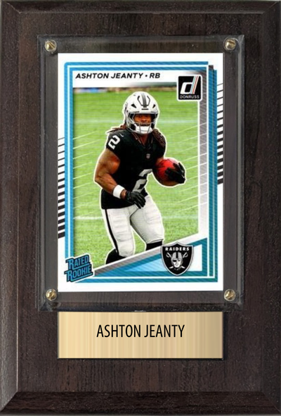 Ashton Jeanty Las Vegas Raiders football plaque with 1 trading card and engraved nameplate, 4x6 fan cave display