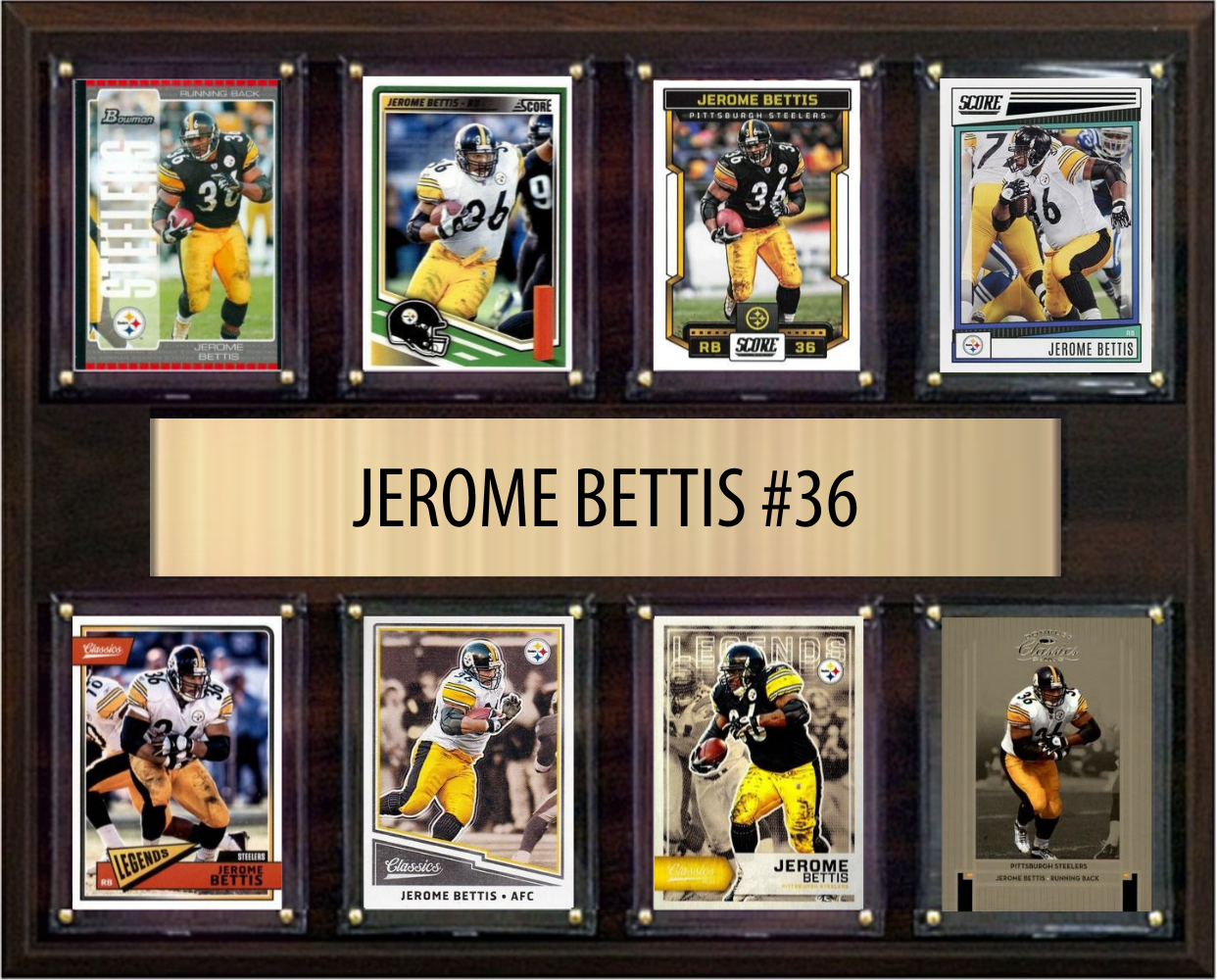 Jerome Bettis Pittsburgh Steelers football plaque with 8 trading cards and engraved nameplate, 12x15 fan cave display
