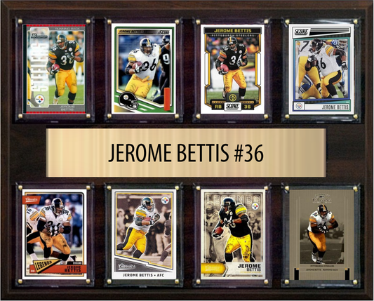 Jerome Bettis Pittsburgh Steelers football plaque with 8 trading cards and engraved nameplate, 12x15 fan cave display
