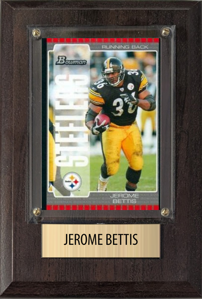 Jerome Bettis Pittsburgh Steelers football plaque with 1 trading card and engraved nameplate, 4x6 fan cave display