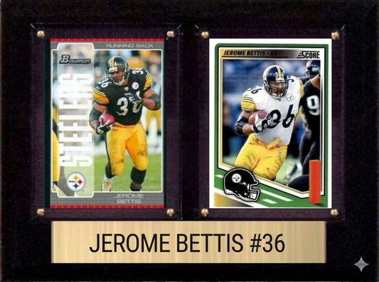 Jerome Bettis Pittsburgh Steelers football plaque with 2 trading cards and engraved nameplate, 6x8 fan cave display