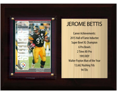 Jerome Bettis Pittsburgh Steelers football stats plaque with 1 trading card and engraved nameplate, 6x8 fan cave display