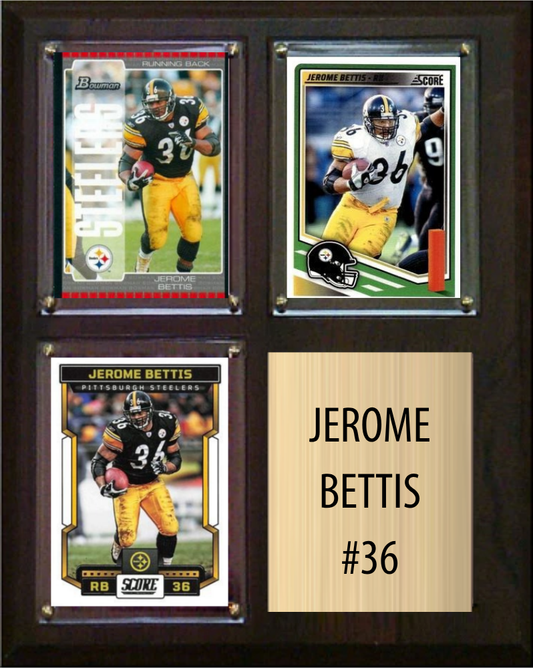 Jerome Bettis Pittsburgh Steelers football plaque with 3 trading cards and engraved nameplate, 8x10 fan cave display