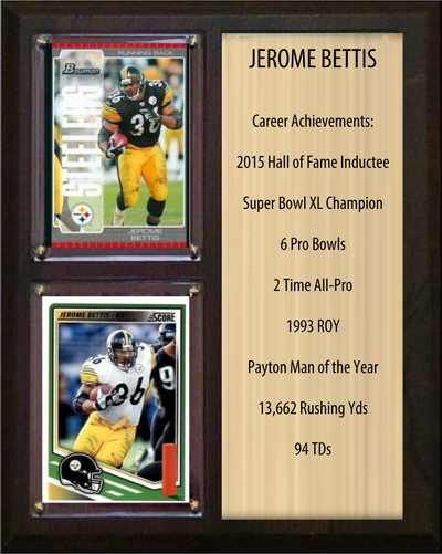 Jerome Bettis Pittsburgh Steelers football stats plaque with 2 trading cards and engraved nameplate, 8x10 fan cave display